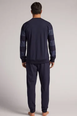 Lång pyjamas i trikå med blå ränder